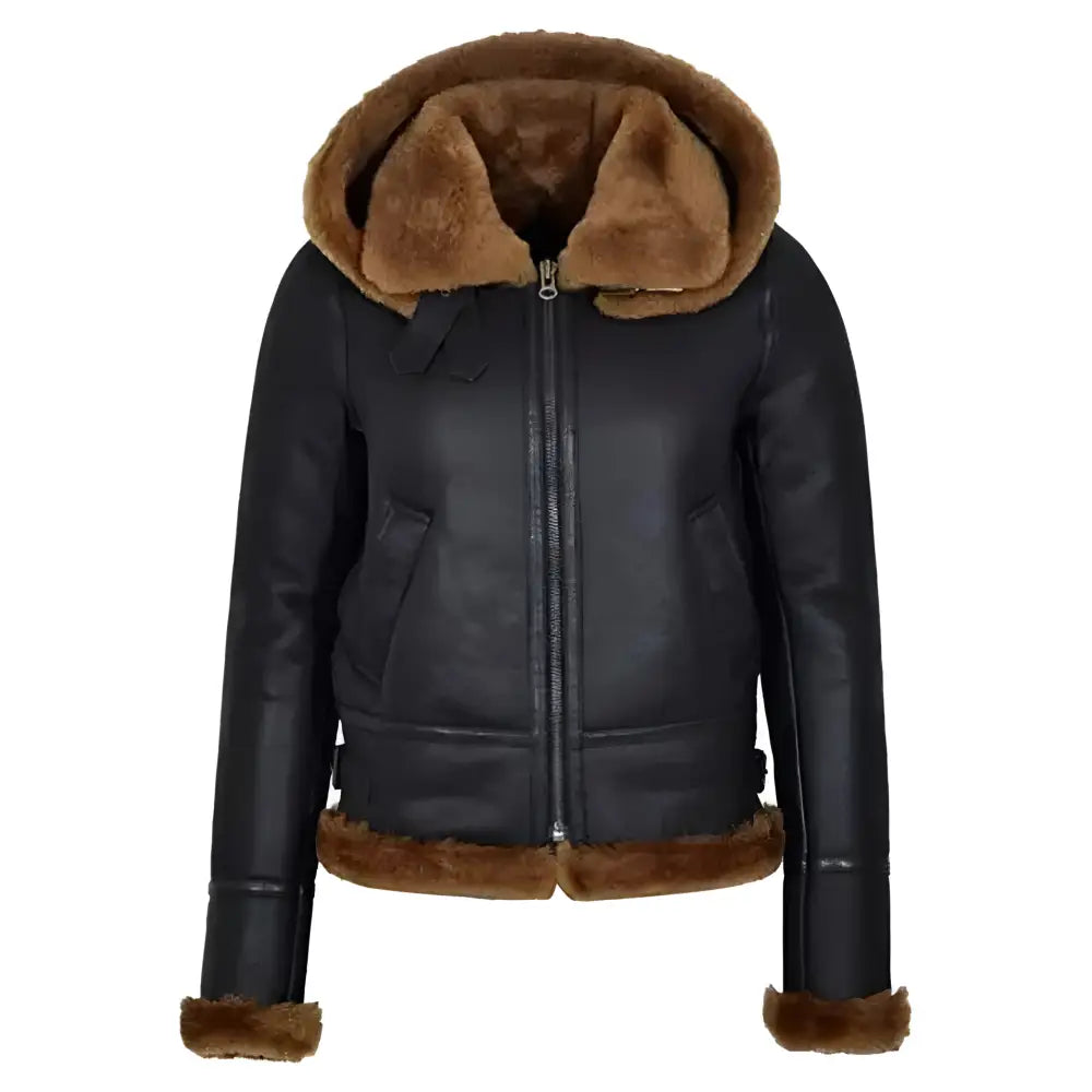 Women’s Hooded Black Sherpa Leather Aviator Jacket-0