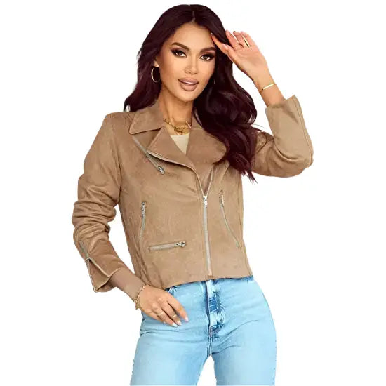 Women’s Khaki Suede Moto Biker Short Coat Jacket-0