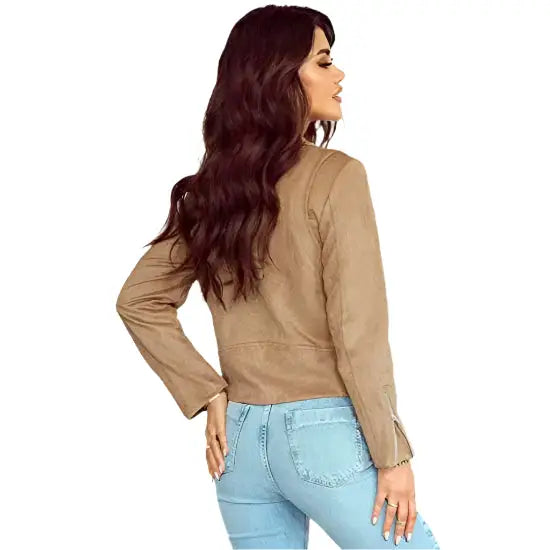 Women’s Khaki Suede Moto Biker Short Coat Jacket-1