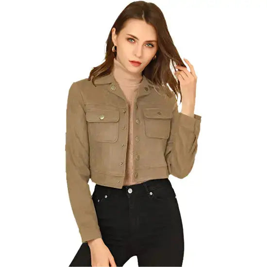 Women’s Light Khaki Suede Leather Biker Crop Moto Jacket-0