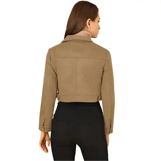 Women’s Light Khaki Suede Leather Biker Crop Moto Jacket-1