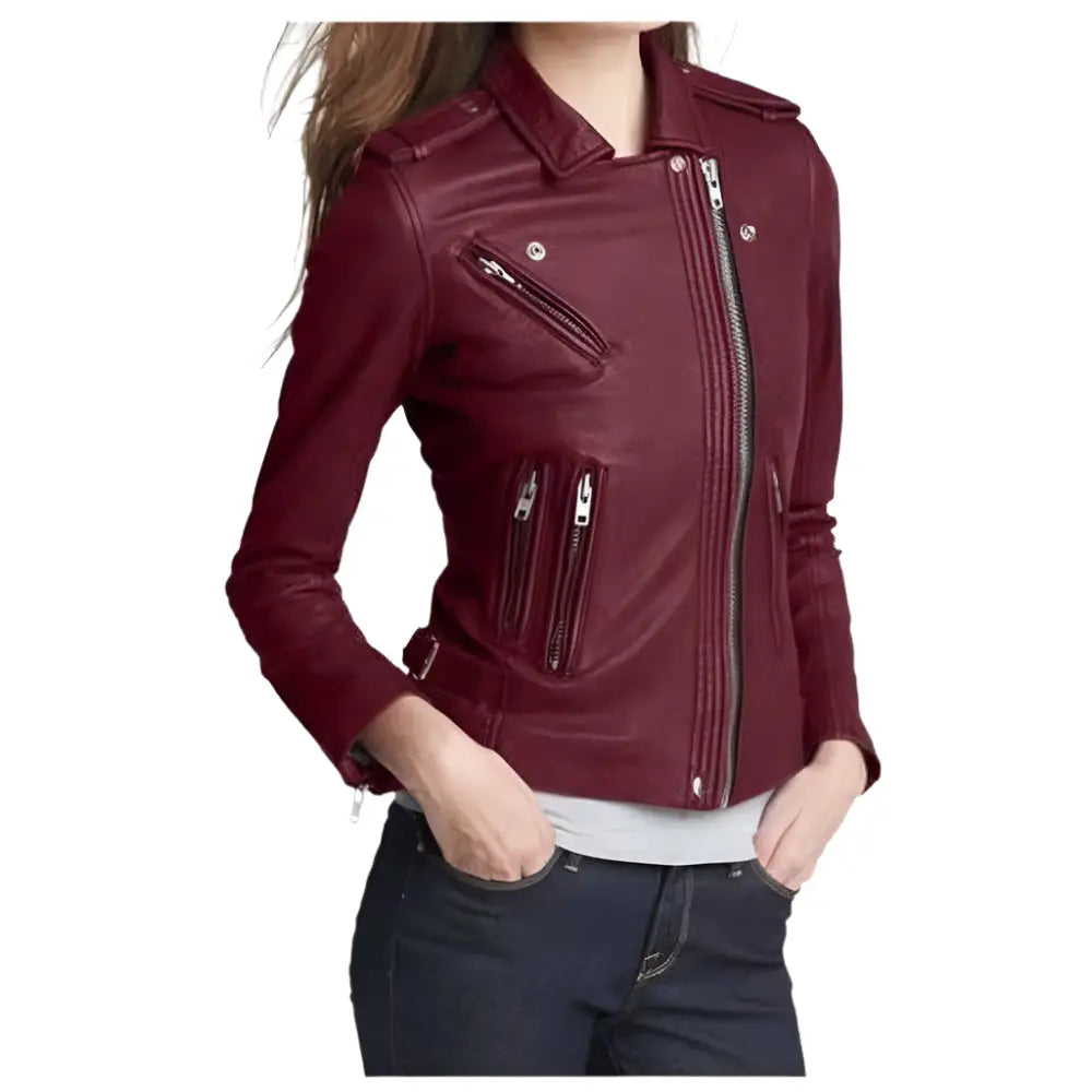 Women’s Maroon Leather Fashion Jacket-0