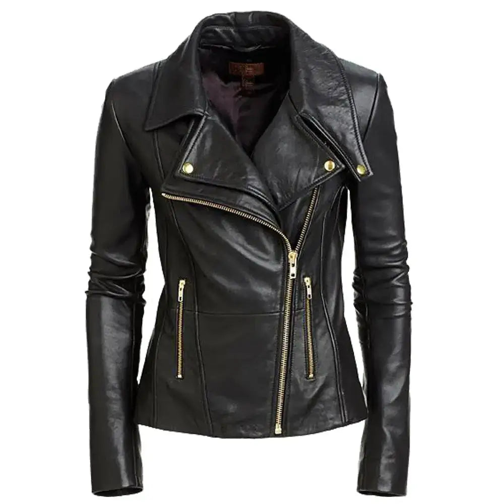 Women’s Motorcycle Rider Leather Jacket with Gold Buttons-0