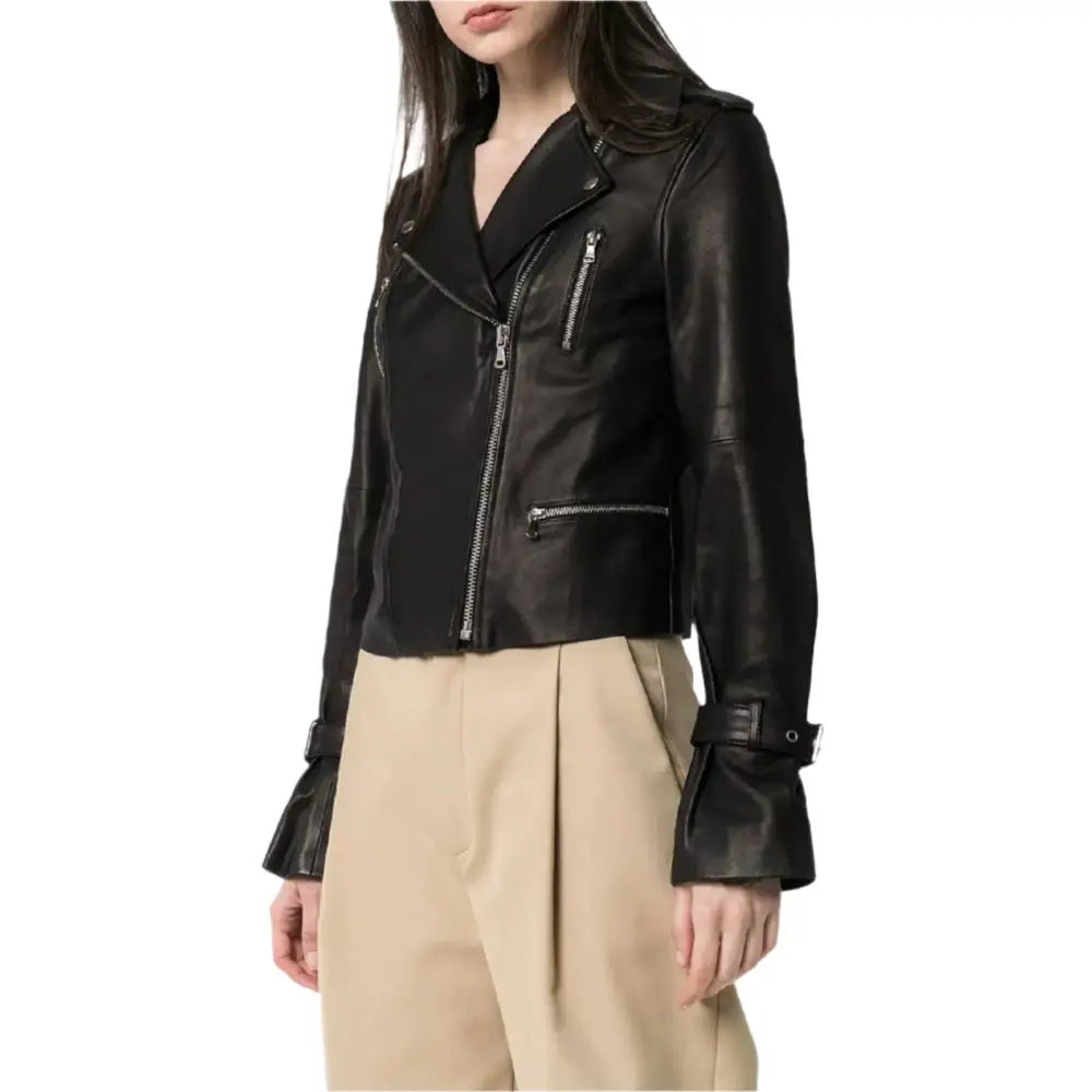 Women’s Petite Black Leather Asymmetrical Jacket-1