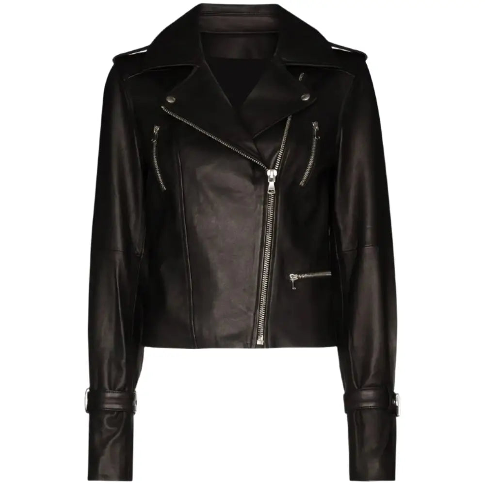 Women’s Petite Black Leather Asymmetrical Jacket-0
