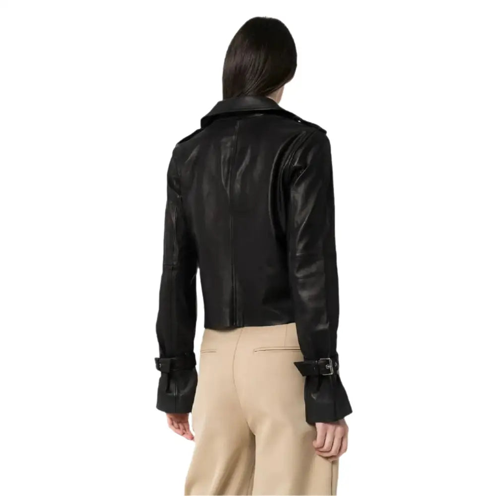 Women’s Petite Black Leather Asymmetrical Jacket-2