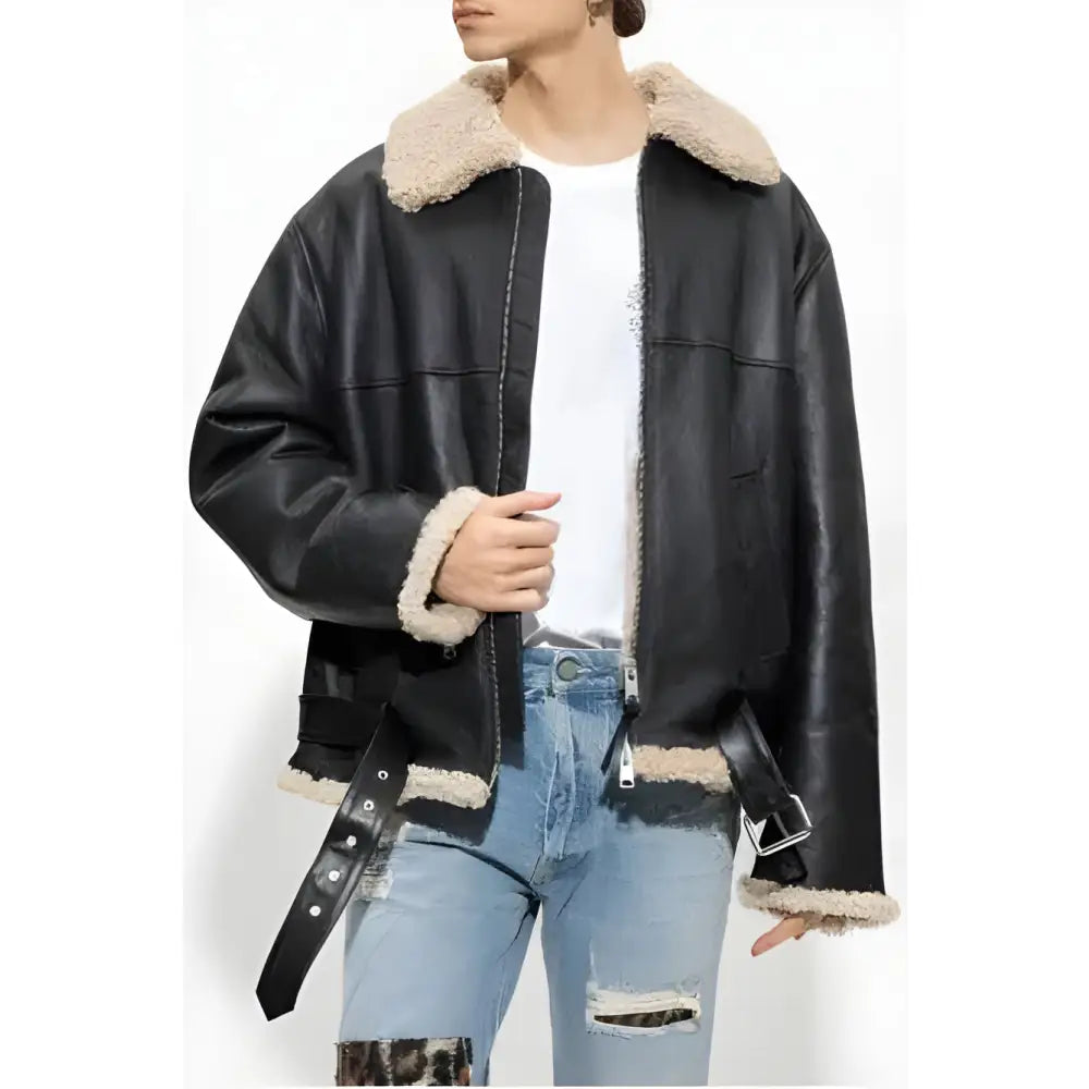 Women’s Shearling-Lined Black Aviator Jacket-1
