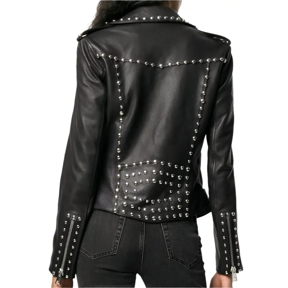 Women’s Black Leather Brando Jacket with Silver Studs-1