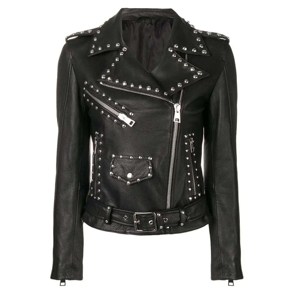Women’s Black Leather Brando Jacket with Silver Studs-0