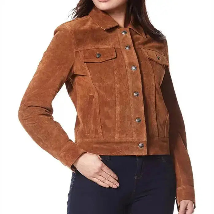 Women’s Suede Leather Trucker Jacket-4