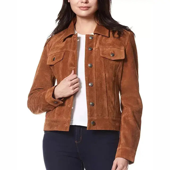 Women’s Suede Leather Trucker Jacket-1