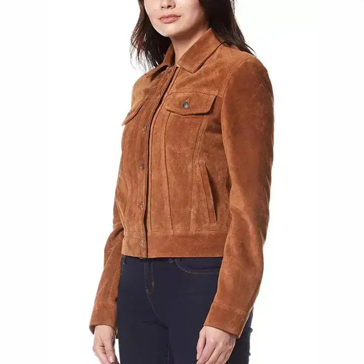 Women’s Suede Leather Trucker Jacket-3