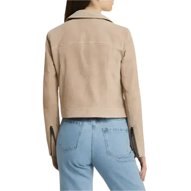 Women’s Tan Beige Suede Leather Biker Jacket-3