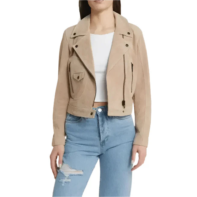 Women’s Tan Beige Suede Leather Biker Jacket-2