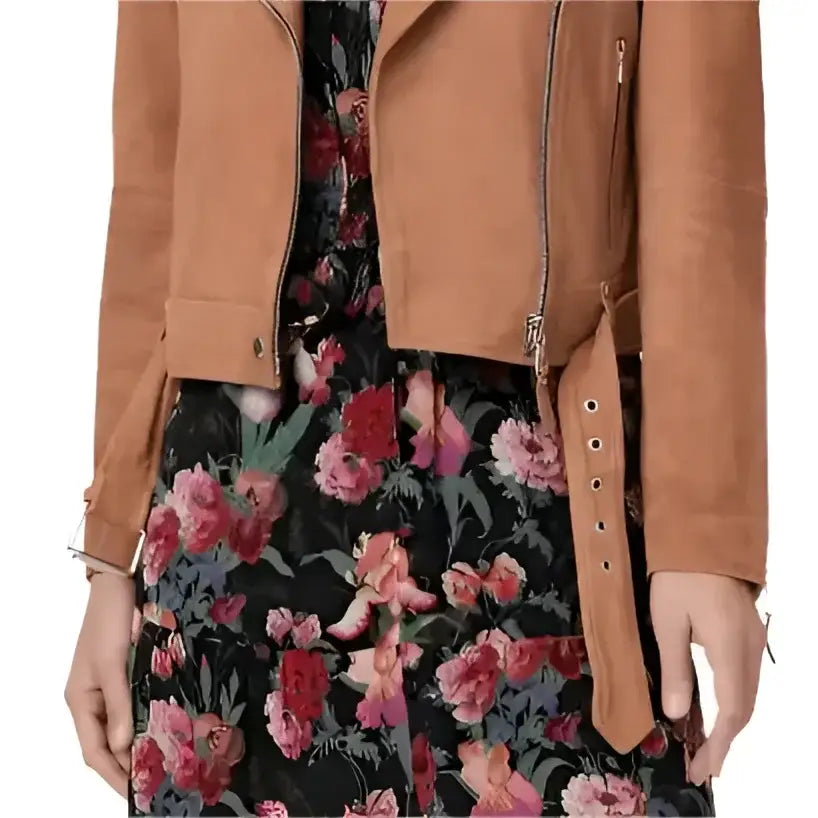 Women’s Tan Brown Suede Leather Biker Jacket-3