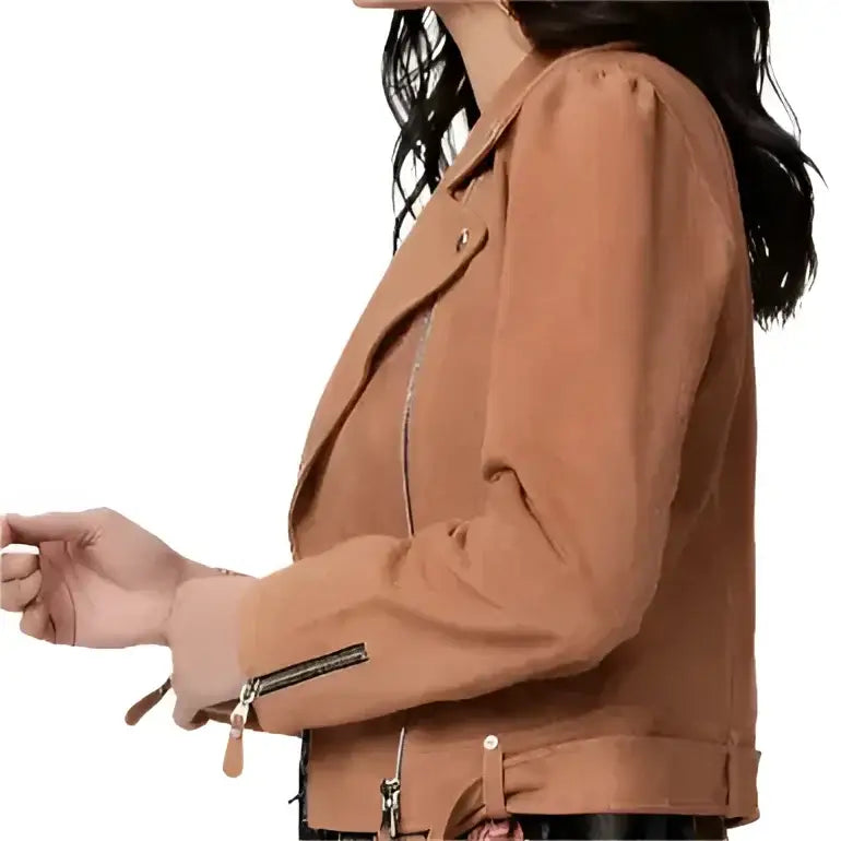 Women’s Tan Brown Suede Leather Biker Jacket-1