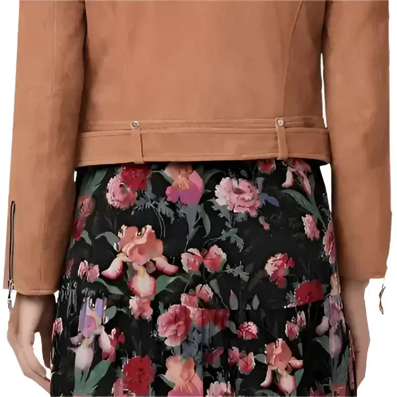 Women’s Tan Brown Suede Leather Biker Jacket-2