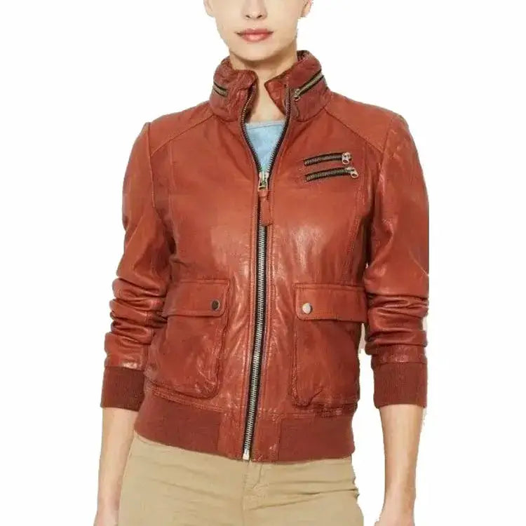 Women’s Tan Brown Leather Bomber Jacket with Hood-0