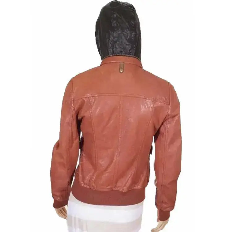 Women’s Tan Brown Leather Bomber Jacket with Hood-1