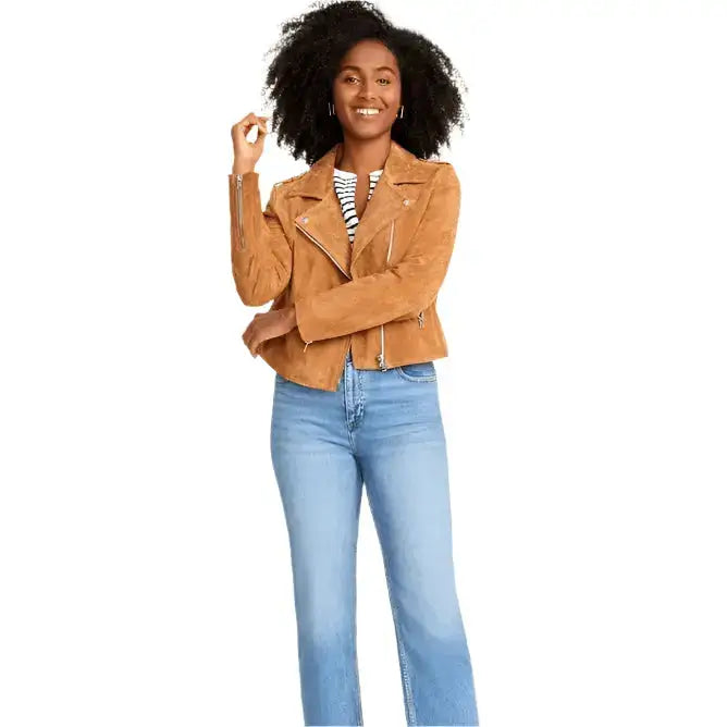 Women’s Tan Brown Suede Biker Jacket-2
