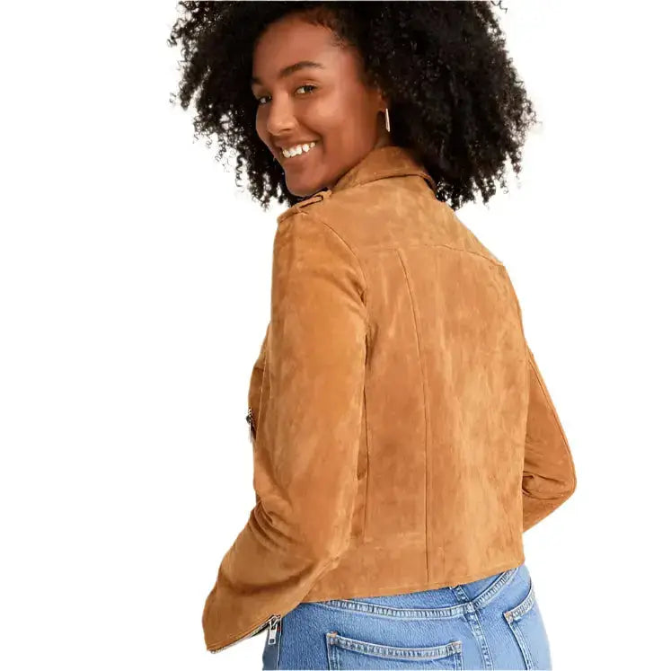 Women’s Tan Brown Suede Biker Jacket-1