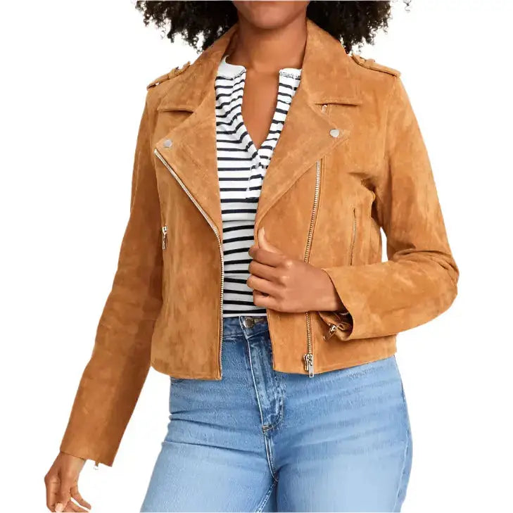 Women’s Tan Brown Suede Biker Jacket-0