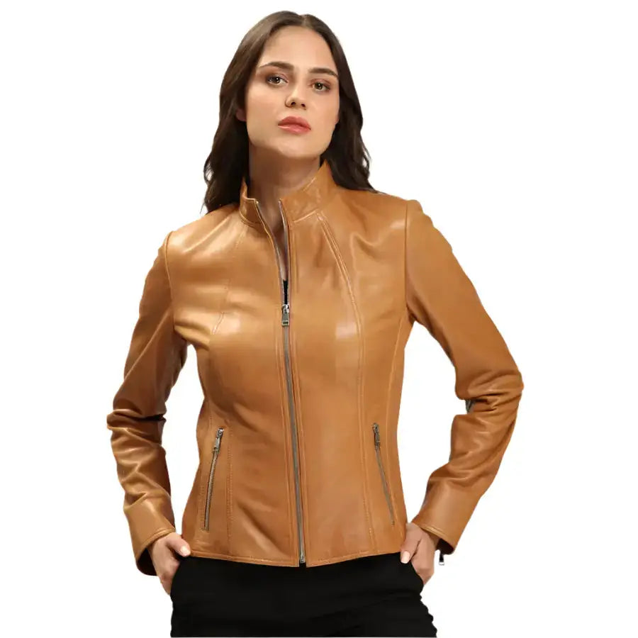 Women’s Tan Lambskin Leather Jacket-0