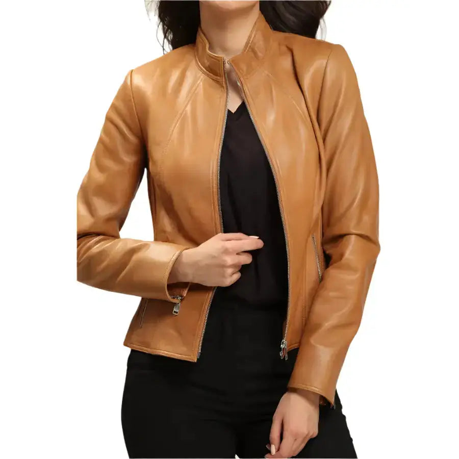 Women’s Tan Lambskin Leather Jacket-1