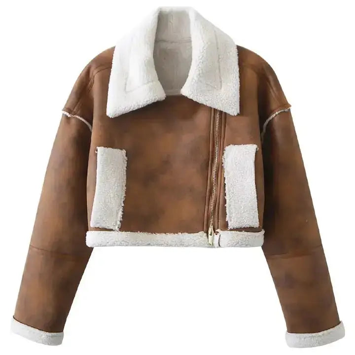 Women’s Vintage Brown Shearling Biker Jacket-0