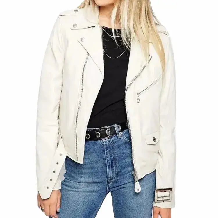 Women’s White Leather Biker Jacket-0