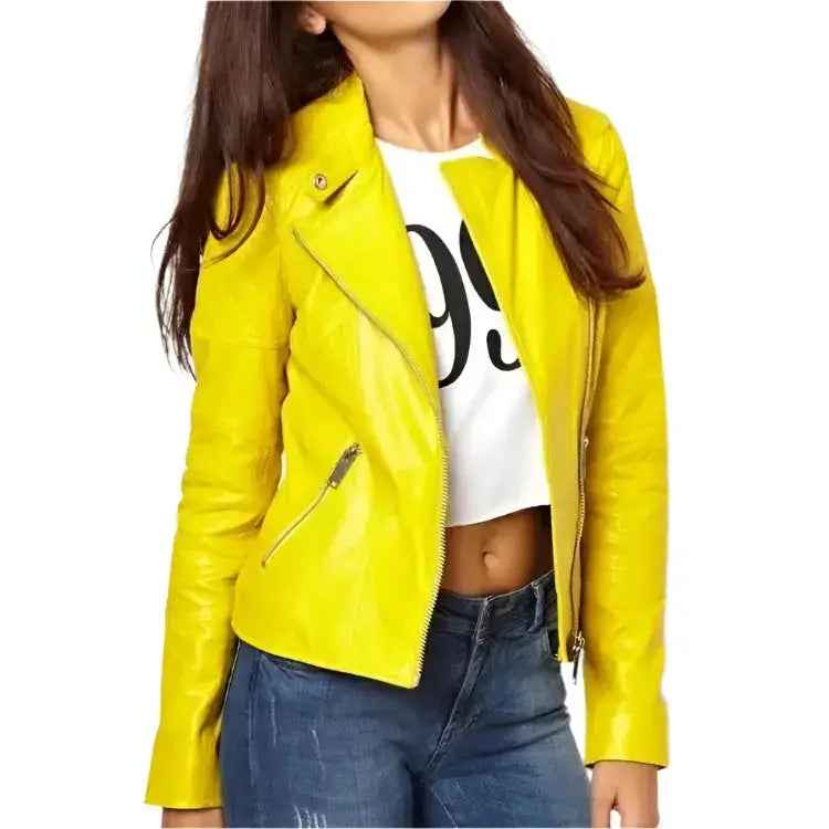 Women’s Yellow Leather Biker Jacket-0