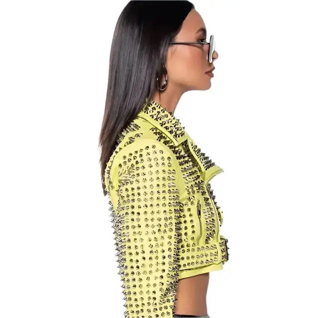 Women’s Yellow Studded Brando Biker Jacket-2