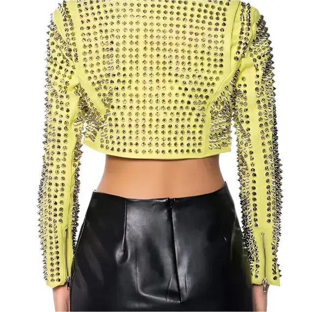 Women’s Yellow Studded Brando Biker Jacket-1