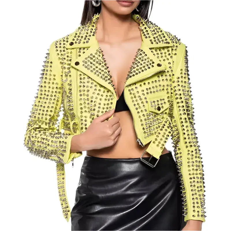 Women’s Yellow Studded Brando Biker Jacket-0