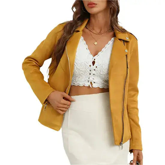 Women’s Yellow Suede Moto Biker Jacket-2