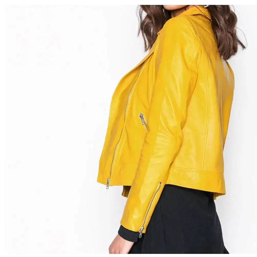 Women’s Yellow Retro Leather Biker Jacket-2