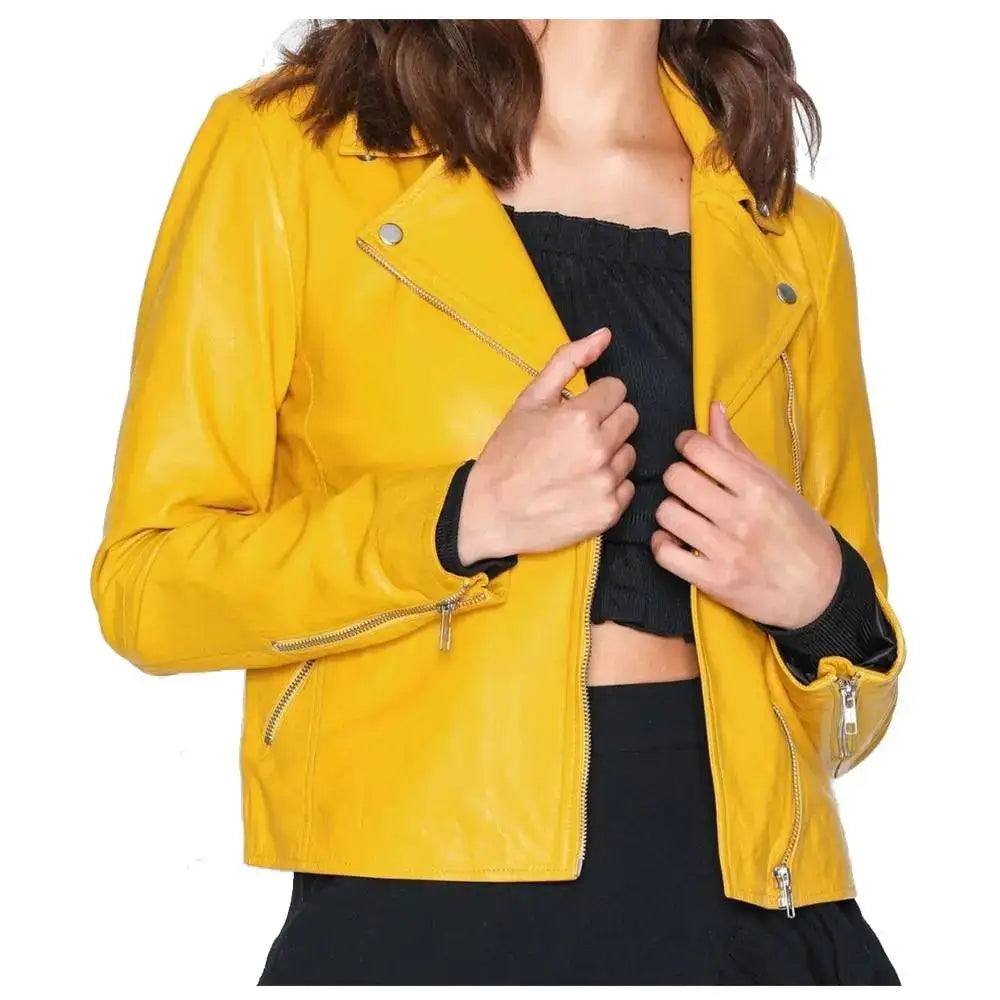 Women’s Yellow Retro Leather Biker Jacket-0