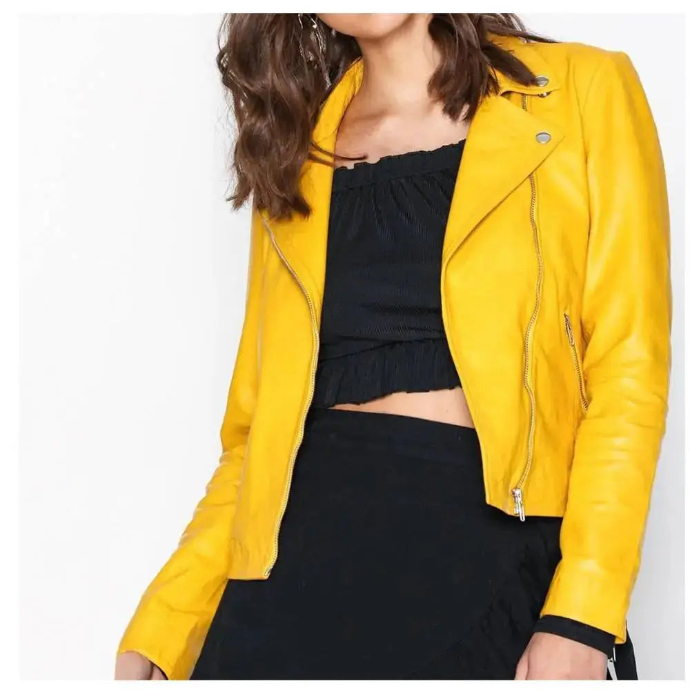 Women’s Yellow Retro Leather Biker Jacket-1